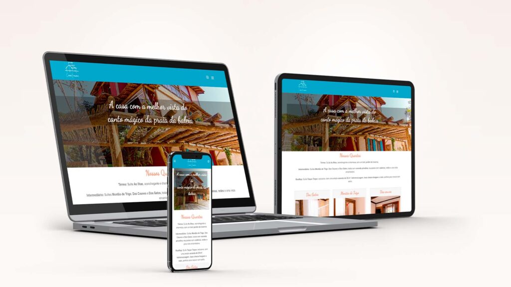 Mockup do site da Pousada Casa Formosa exibido em notebook, tablet e smartphone, destacando o design responsivo e elegante da pousada localizada na Praia da Baleia, litoral de São Paulo.