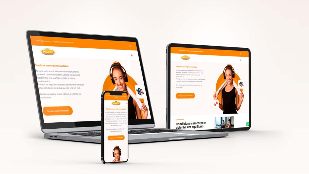 Mockup do site da Academia Expressão & Arte exibido em notebook, tablet e smartphone, apresentando o design moderno e responsivo com foco em dança, movimento, saúde e qualidade de vida.